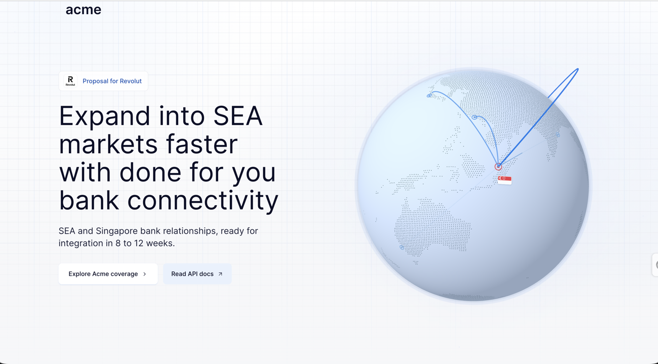 Personalised cold-outbound ABM site showing a proposal for SEA market expansion with a 3D coverage globe