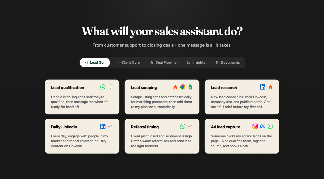 NeoBot landing section showing sales assistant use cases for lead generation
